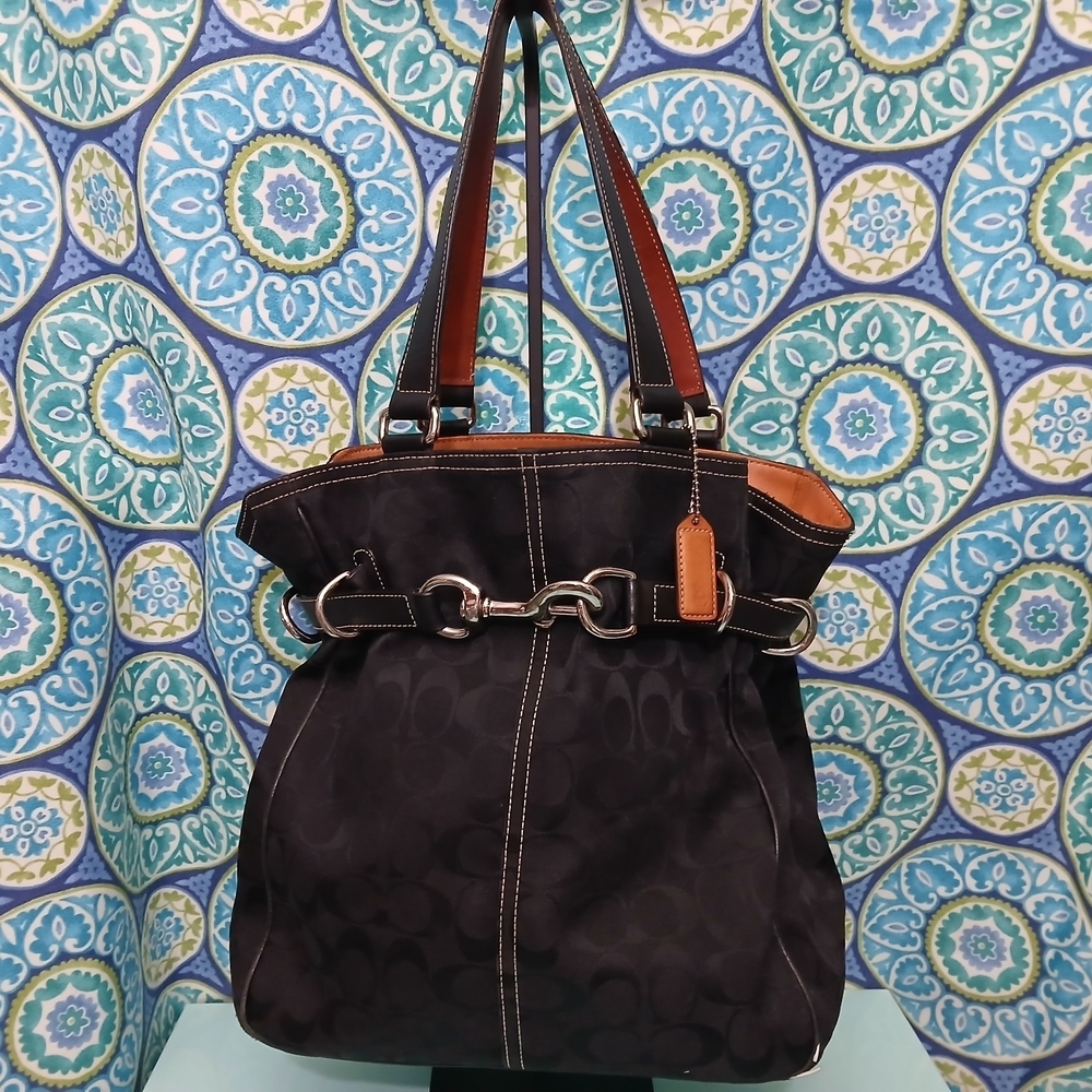Vintage Coach Signature C Belted Carryall Tote Leather Trim Silver Hardware